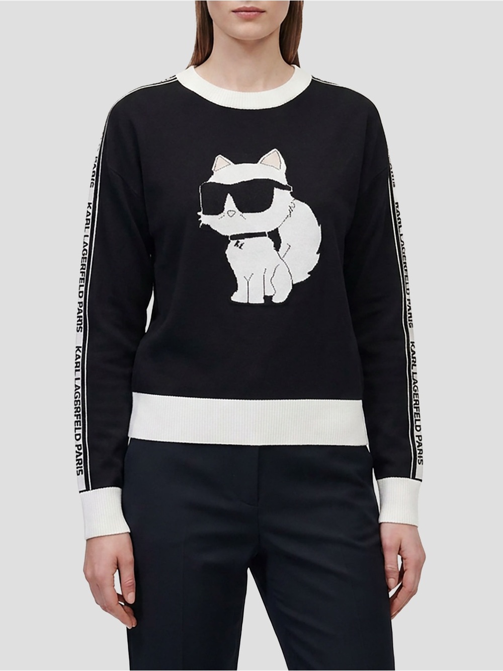 Karl Lagerfeld Black & White Fox Crewneck Sweater